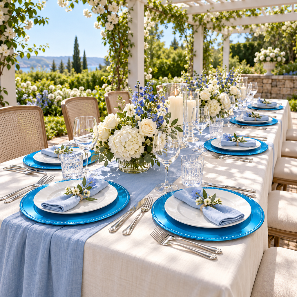 Coordinated bright blue beaded chargers beneath white dinner plates along a floral linen covered garden party table. Representative arrangement; food and styling props not included.