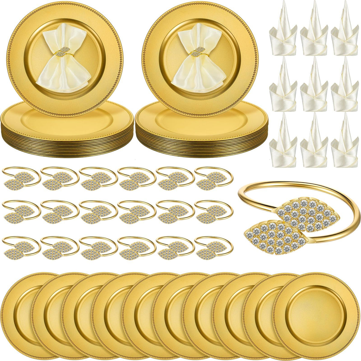 Supplier image showing gold charger plates, ivory satin napkins and gold napkin rings with two opposed rhinestone leaf tips.
