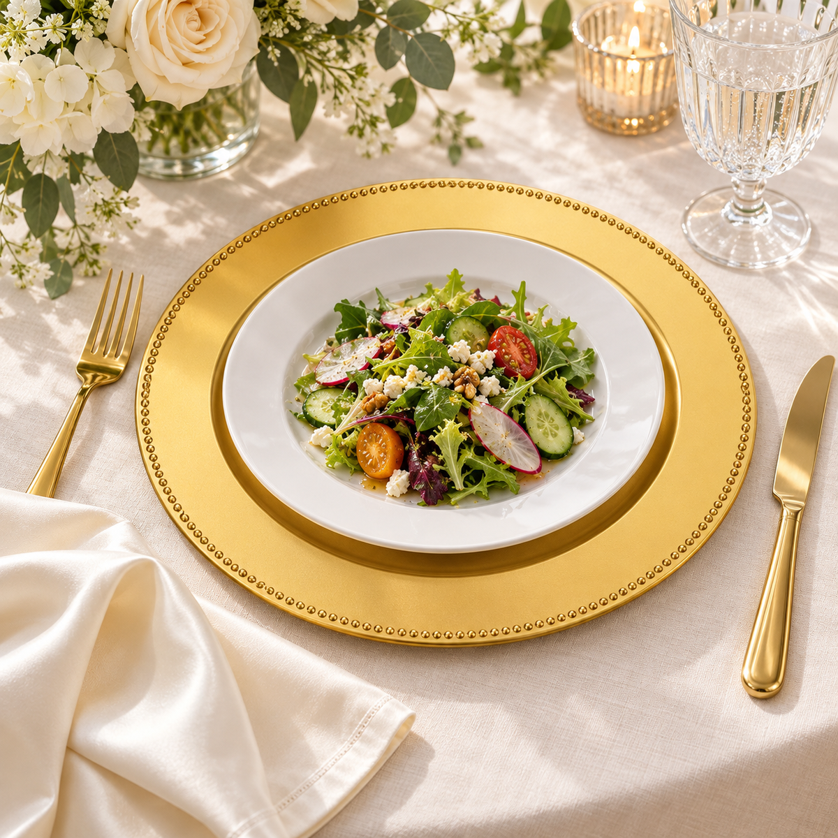 Gold charger with a fine beaded rim beneath a white salad plate, beside an ivory satin napkin on cream linen. Representative arrangement; food and styling props not included.