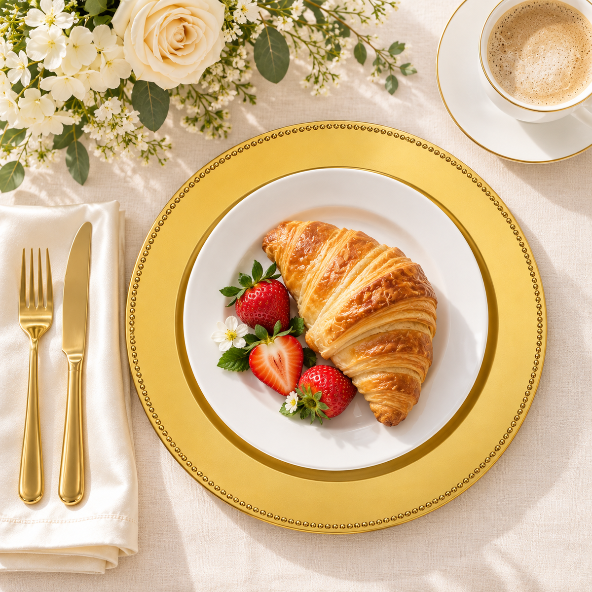 Overhead gold beaded charger beneath a white plate with a croissant and strawberries, with an ivory satin napkin and coffee. Representative arrangement; food and styling props not included.