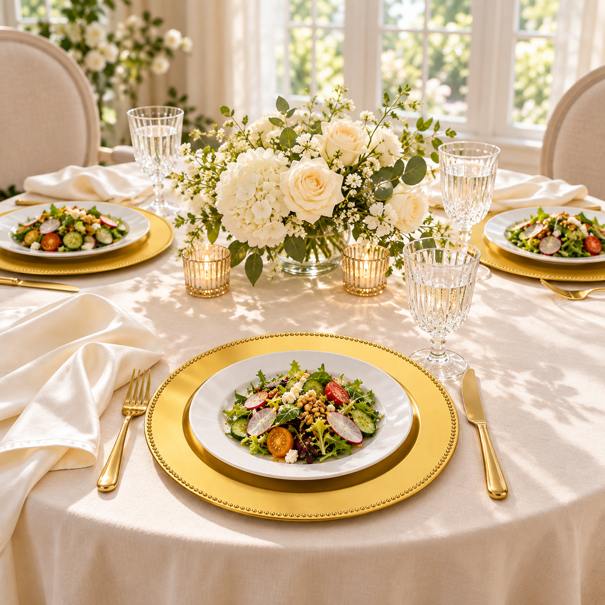 Gold beaded chargers beneath white salad plates on a cream linen round table with ivory satin napkins and cream flowers. Representative arrangement; food and styling props not included.
