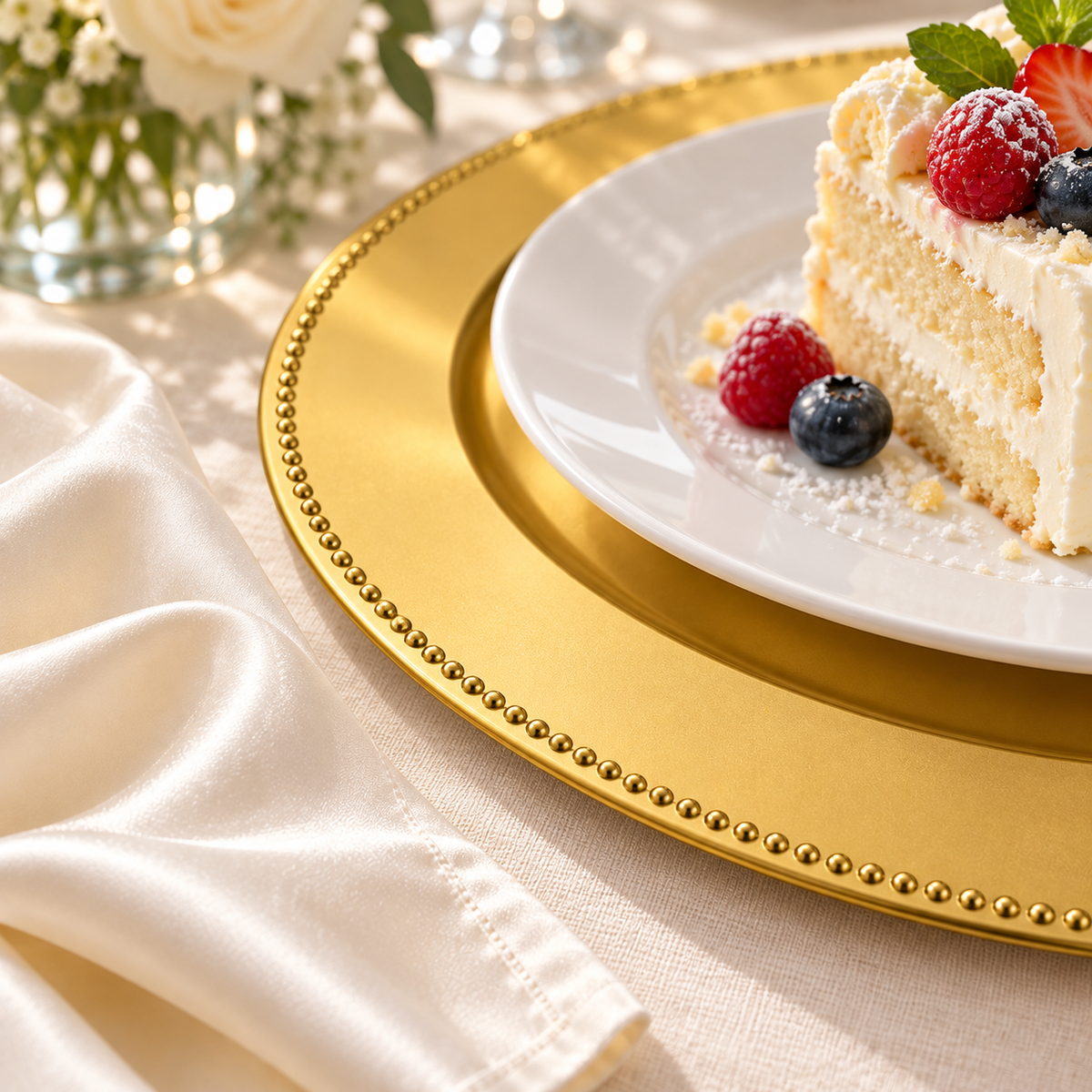 Close view of the fine gold beaded charger rim beneath a white dessert plate beside an ivory satin napkin. Representative arrangement; food and styling props not included.