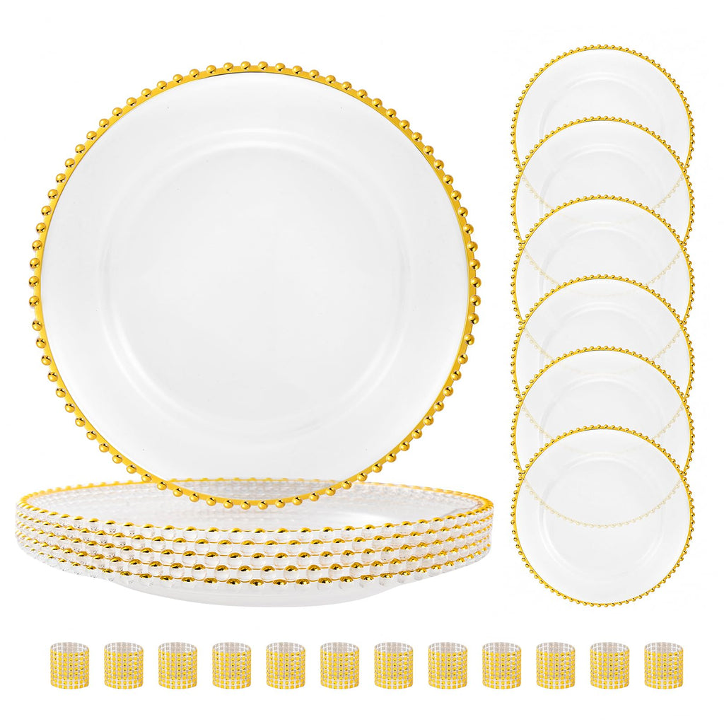 Supplier montage of clear round chargers with gold beaded rims and twelve wide gold mesh style napkin rings on a white background.