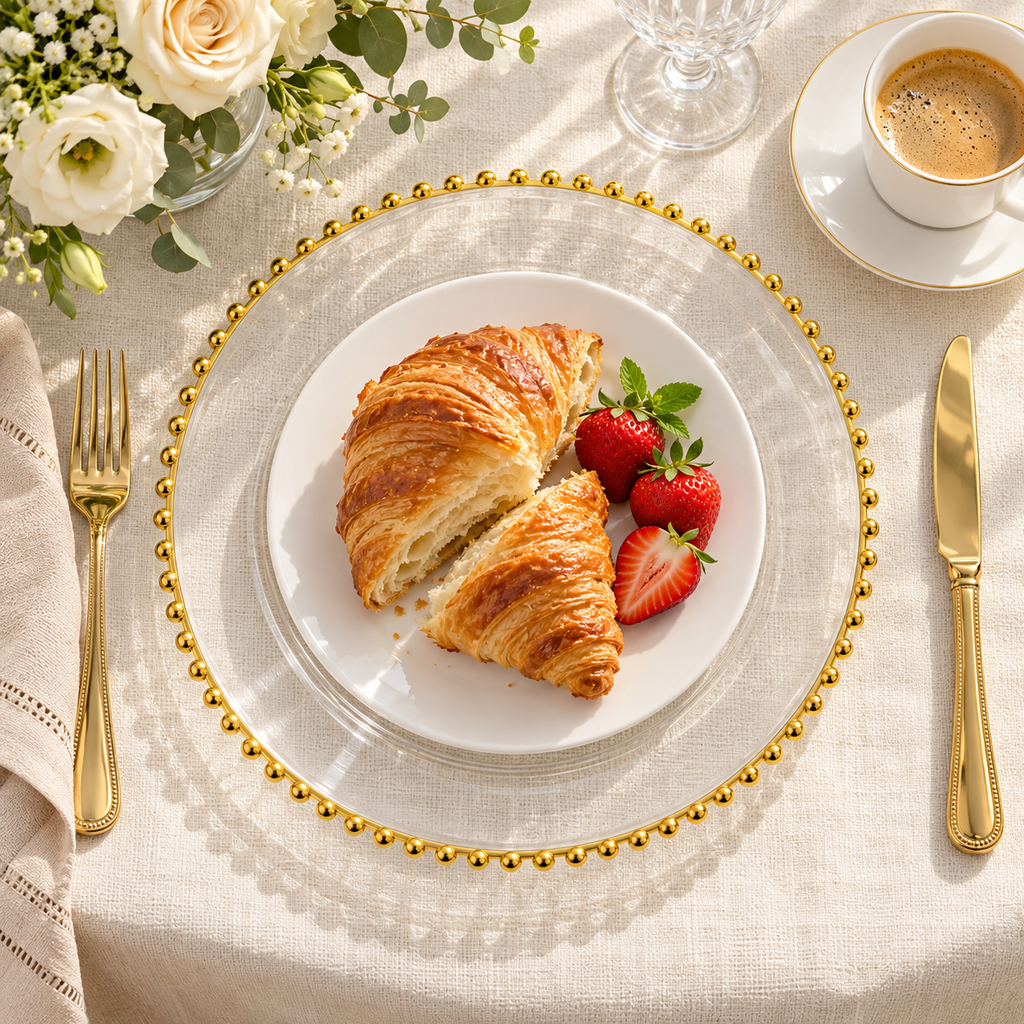 Overhead view of a clear gold beaded charger beneath a separate white plate with croissants and strawberries beside coffee and cream flowers. Representative arrangement; food and styling props not included.