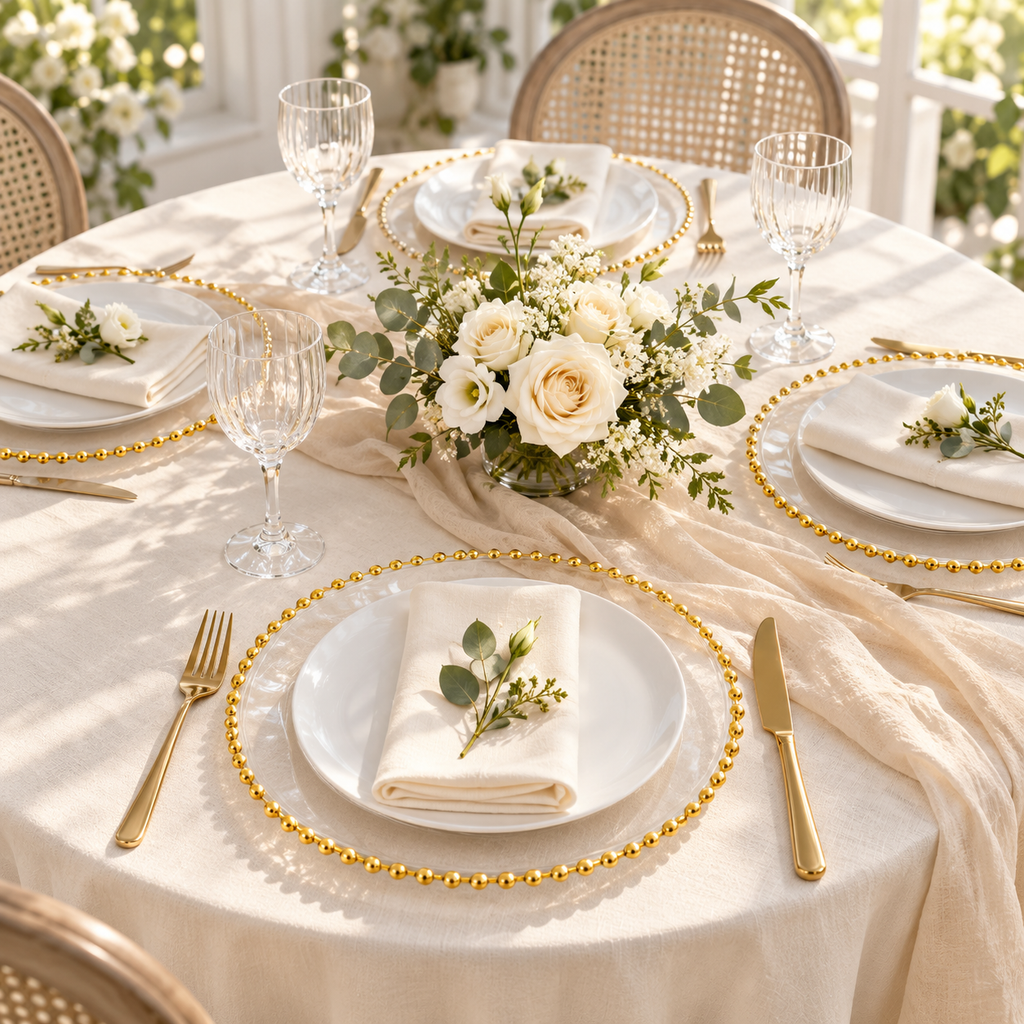 Four clear gold beaded chargers beneath white plates and ivory napkins around a round linen table with a cream floral centerpiece. Representative arrangement; food and styling props not included.