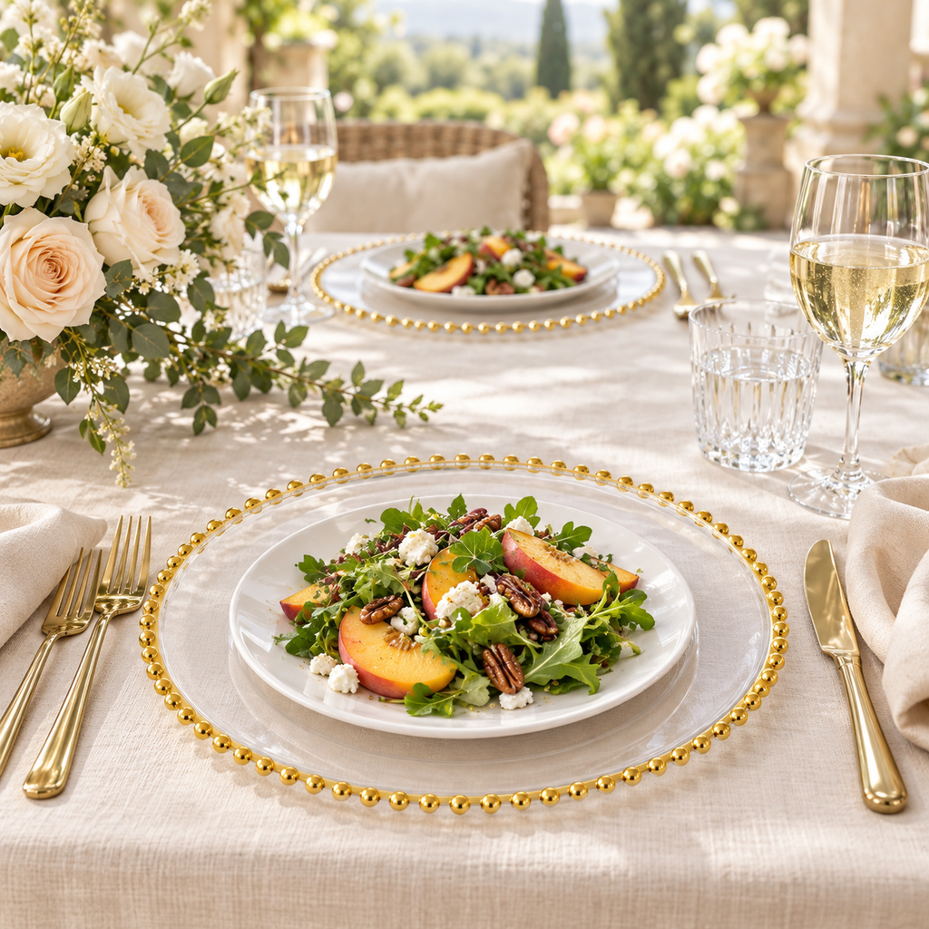 Two clear gold beaded chargers beneath separate white plates of peach salad on an ivory linen terrace table with cream flowers. Representative arrangement; food and styling props not included.