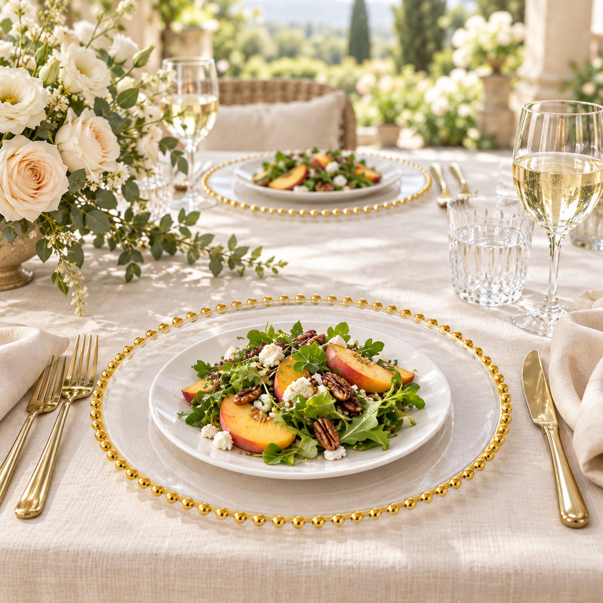Two clear gold beaded chargers beneath separate white plates of peach salad on an ivory linen terrace table with cream flowers. Representative arrangement; food and styling props not included.
