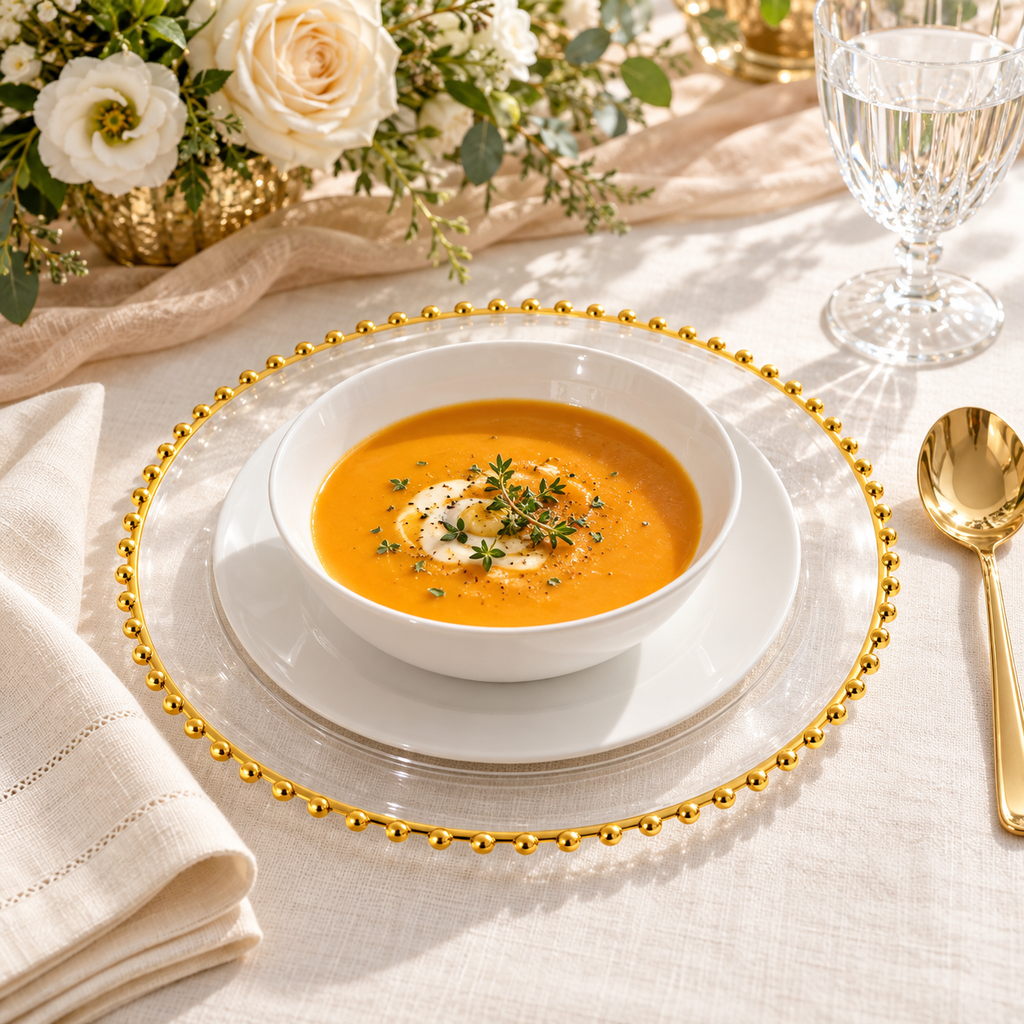 Clear gold beaded charger beneath a separate white underplate and bowl of orange soup beside ivory linen, a gold spoon and cream flowers. Representative arrangement; food and styling props not included.
