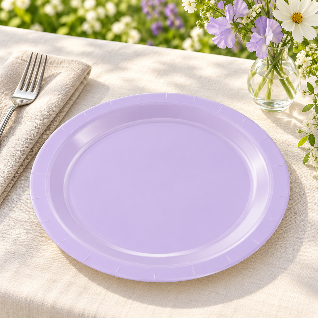 Light lavender paper plates, garden brunch empty hero. Representative arrangement; food and styling props not included.
