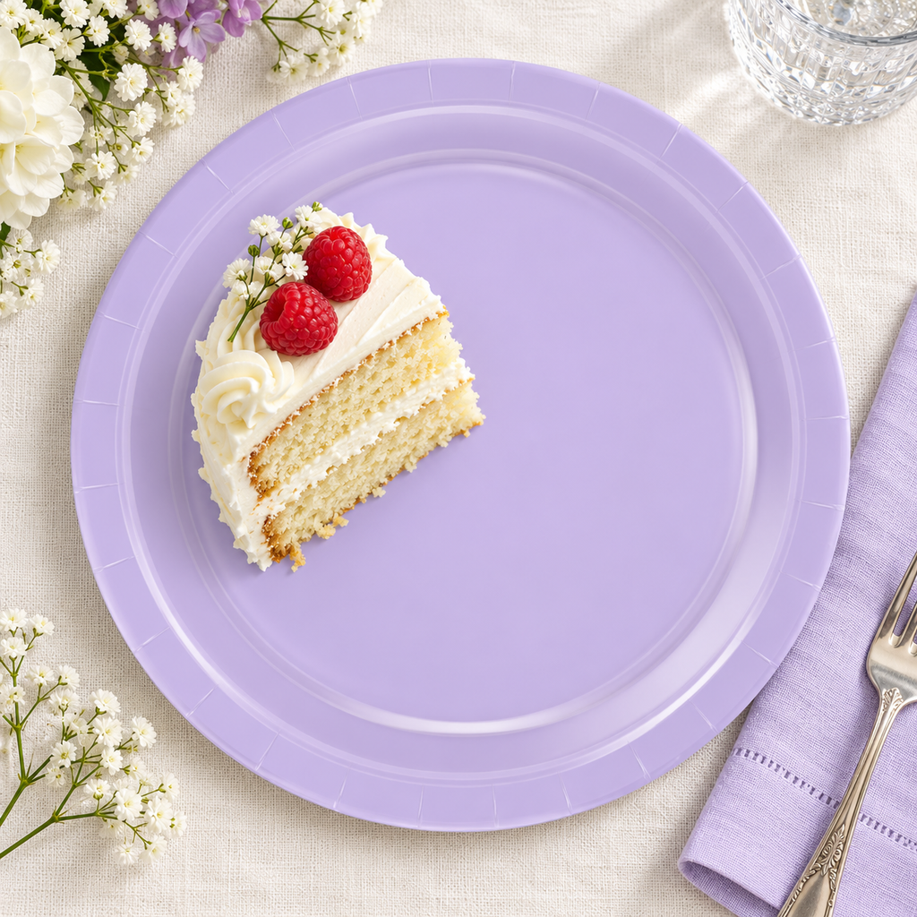 Light lavender paper plates, berry cake single plate. Representative arrangement; food and styling props not included.