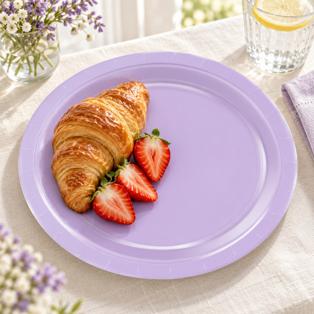 Light lavender paper plates, window breakfast single plate. Representative arrangement; food and styling props not included.