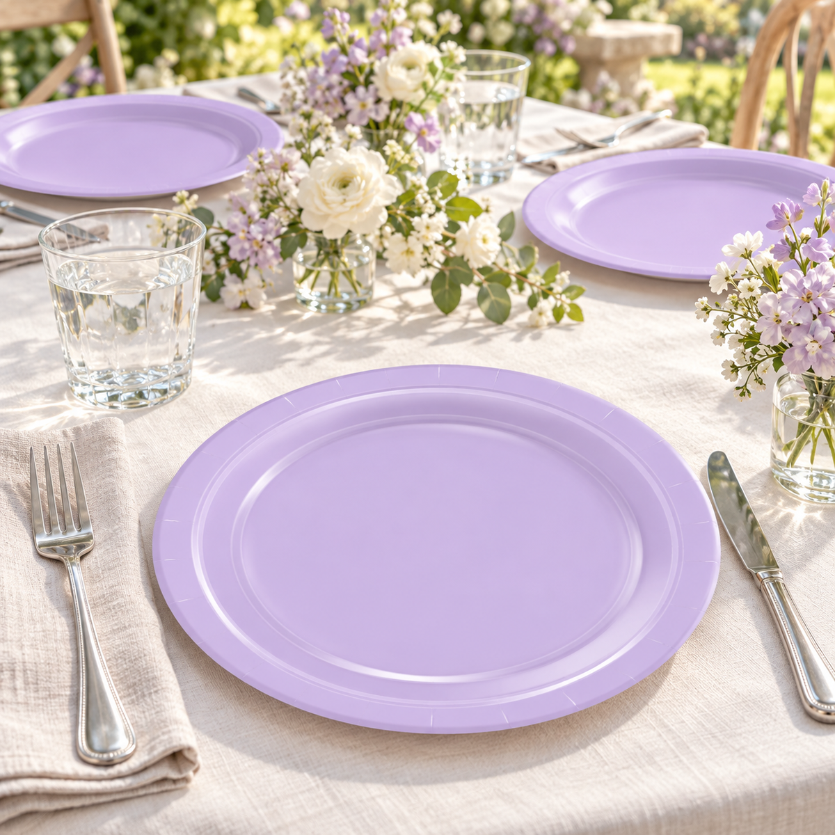 Light lavender paper plates, gathering table place settings. Representative arrangement; food and styling props not included.
