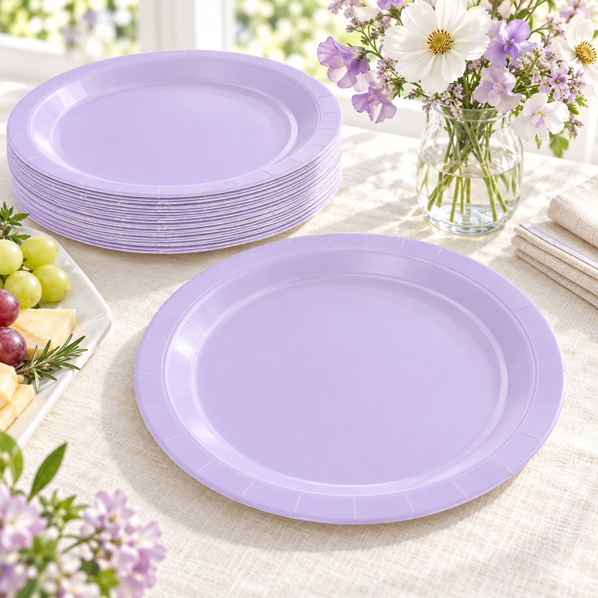 Light lavender paper plates, linen serving stack. Representative arrangement; food and styling props not included.