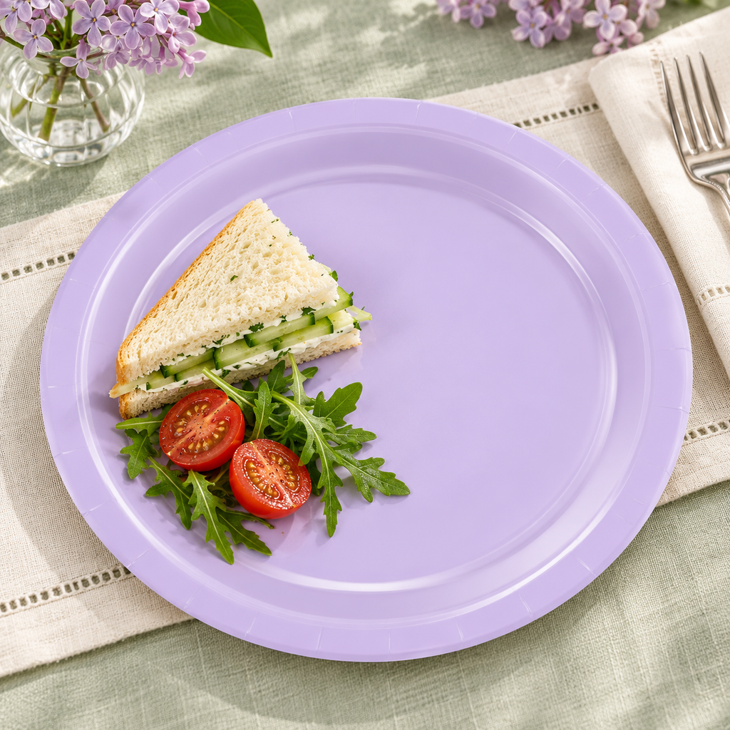 Light lavender paper plates, light lunch single plate. Representative arrangement; food and styling props not included.