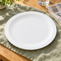 White 9-inch paper plate at a linen place setting Food and styling props not included.