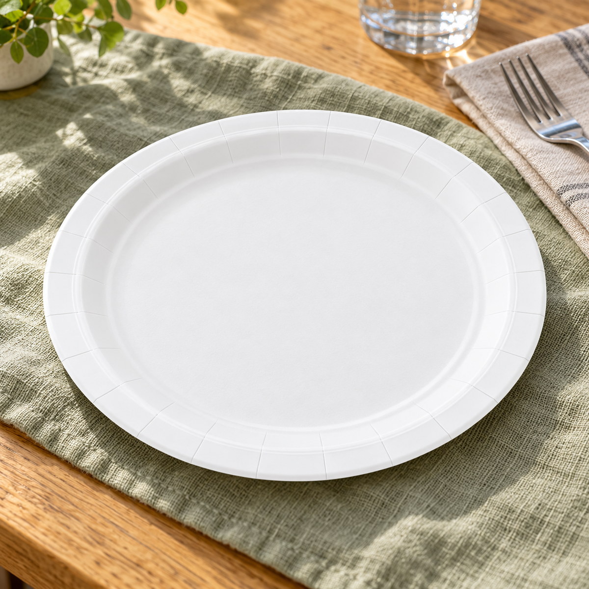 White 9-inch paper plate at a linen place setting Food and styling props not included.