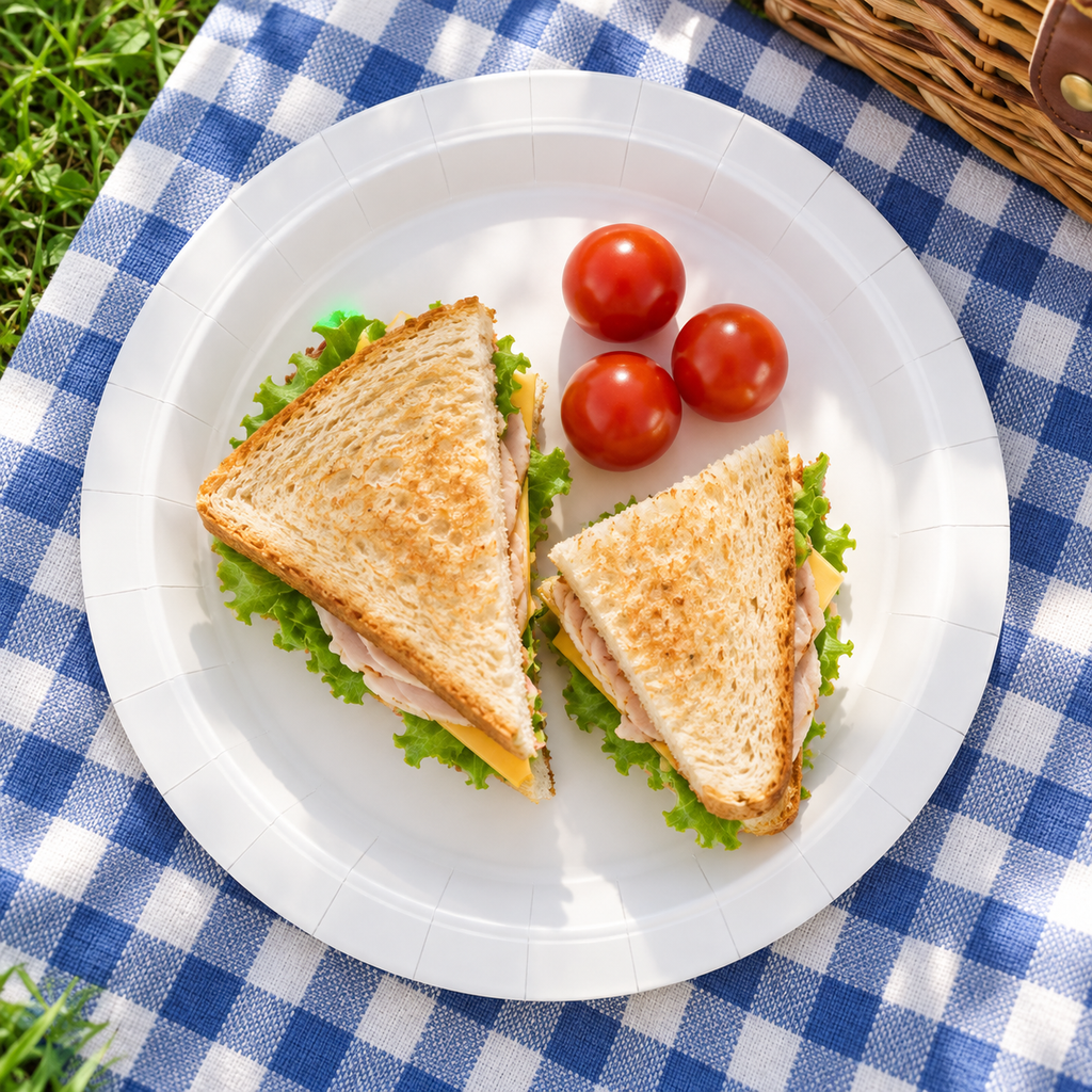White 9-inch paper plate with a picnic sandwich Food and styling props not included.