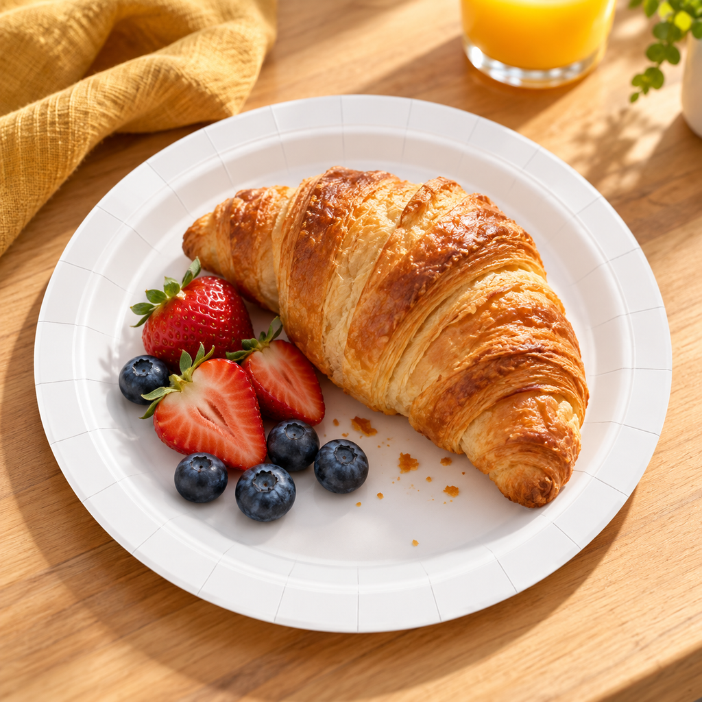 White 9-inch paper plate with croissant and fruit Food and styling props not included.