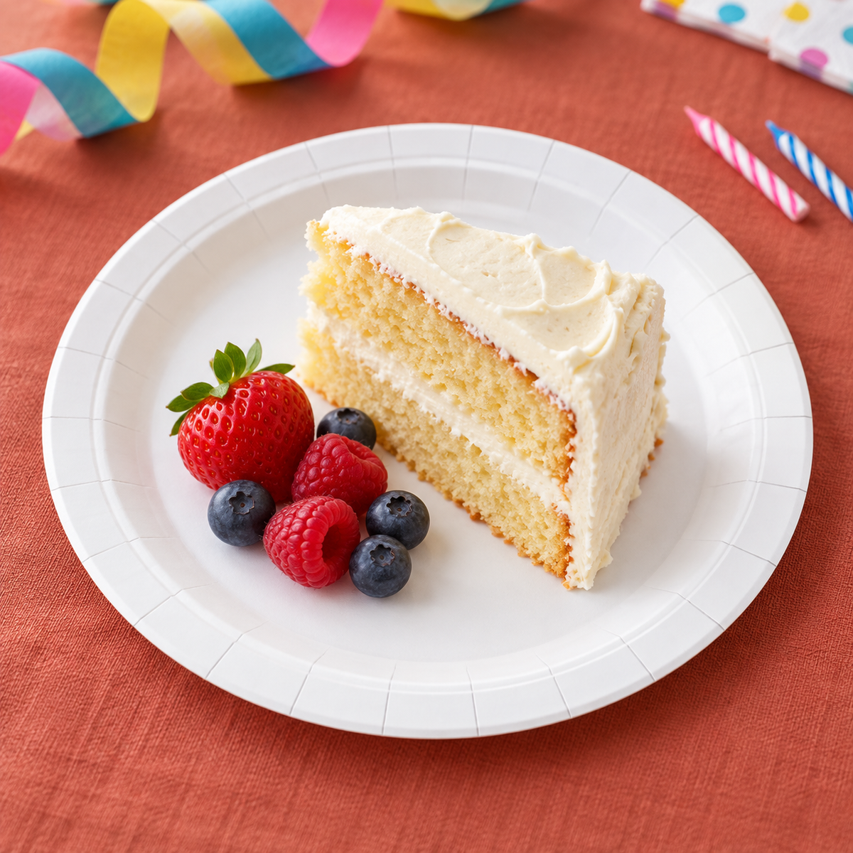 White 9-inch paper plate with celebration cake Food and styling props not included.
