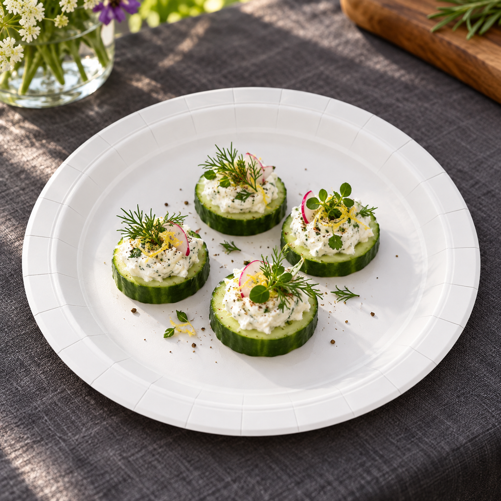 White 9-inch paper plate in a styled serving scene Food and styling props not included.