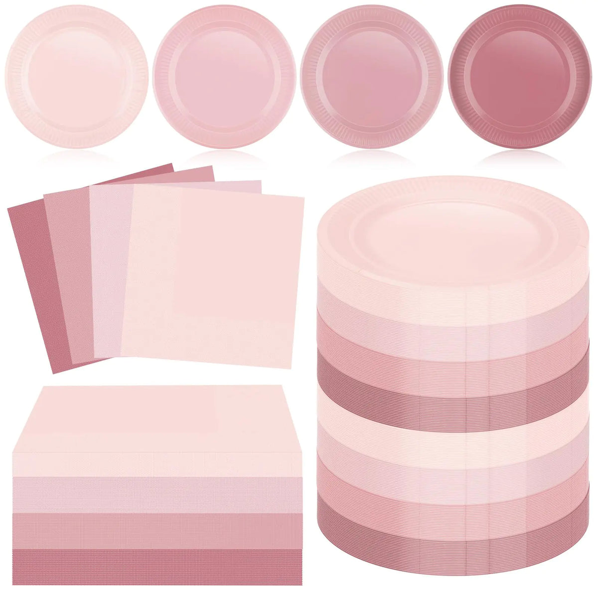 Supplier image showing round paper plates and square paper napkins in four solid pink shades, from pale blush to muted rose.