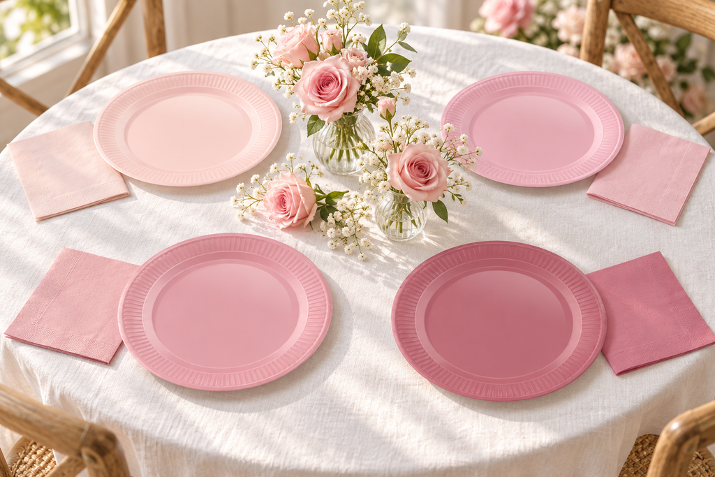 Four solid pink paper plates with matching square paper napkins on a white linen table with pink roses and ivory flowers. Representative arrangement; food and styling props not included.