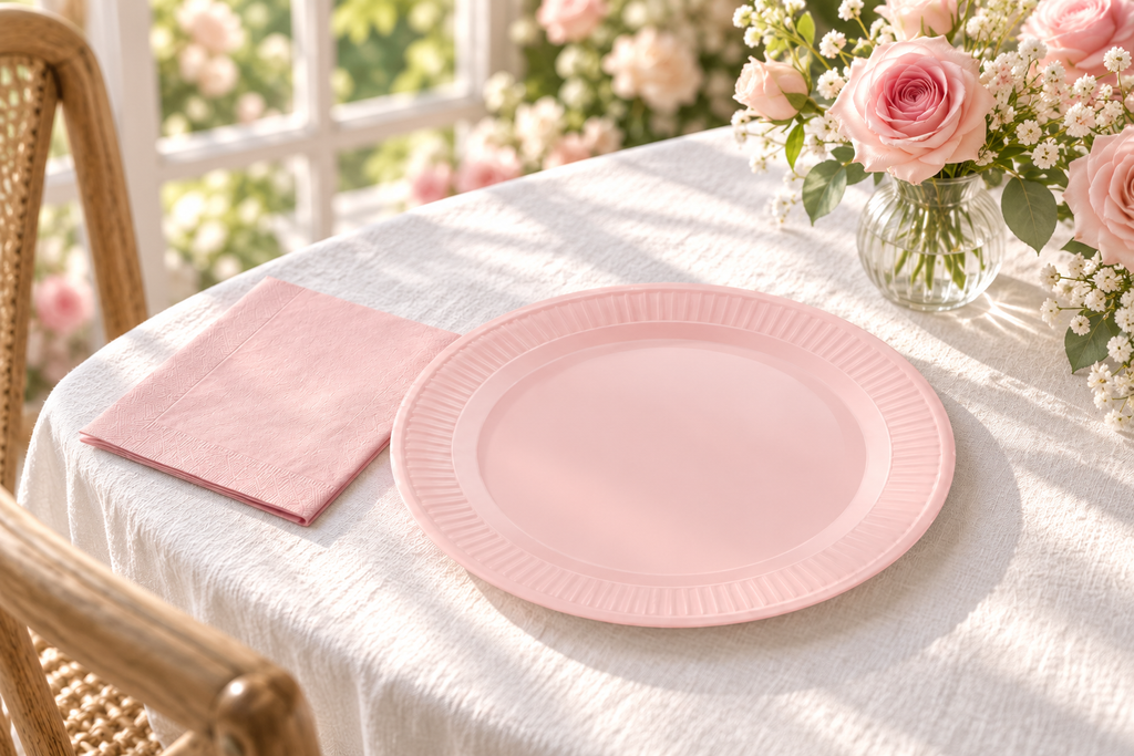 A pale blush paper plate and pink paper napkin at an individual white linen place setting beside pink roses. Representative arrangement; food and styling props not included.
