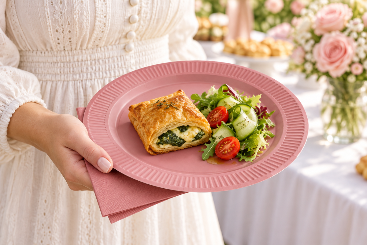 A guest holding a muted rose paper plate with savory pastry and salad, with a matching square paper napkin and a floral buffet in the background. Representative arrangement; food and styling props not included.