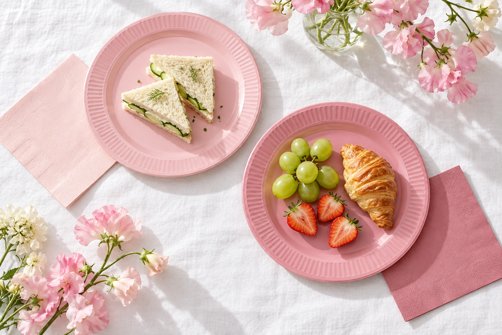 Overhead view of two pink paper plates holding cucumber sandwiches, fruit and a croissant, with square paper napkins and pink flowers on white linen. Representative arrangement; food and styling props not included.