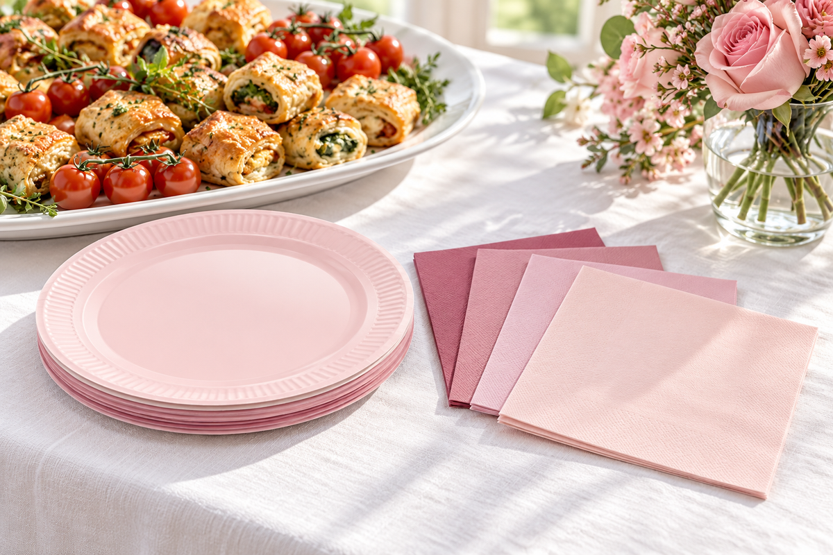 A short stack of pink paper plates beside four solid pink square paper napkins, with a separate platter of savory bites and pink flowers on white linen. Representative arrangement; food and styling props not included.