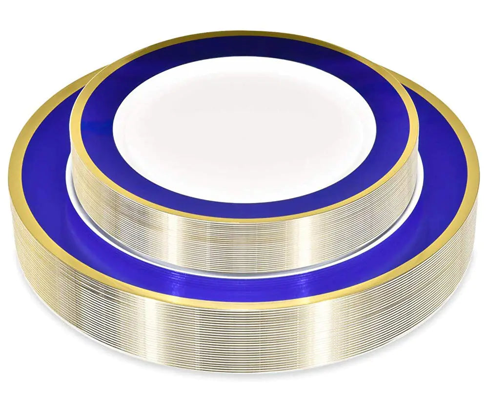 Supplier photograph of stacked blue and gold party plates in two sizes, with the small white centered plate face visible.
