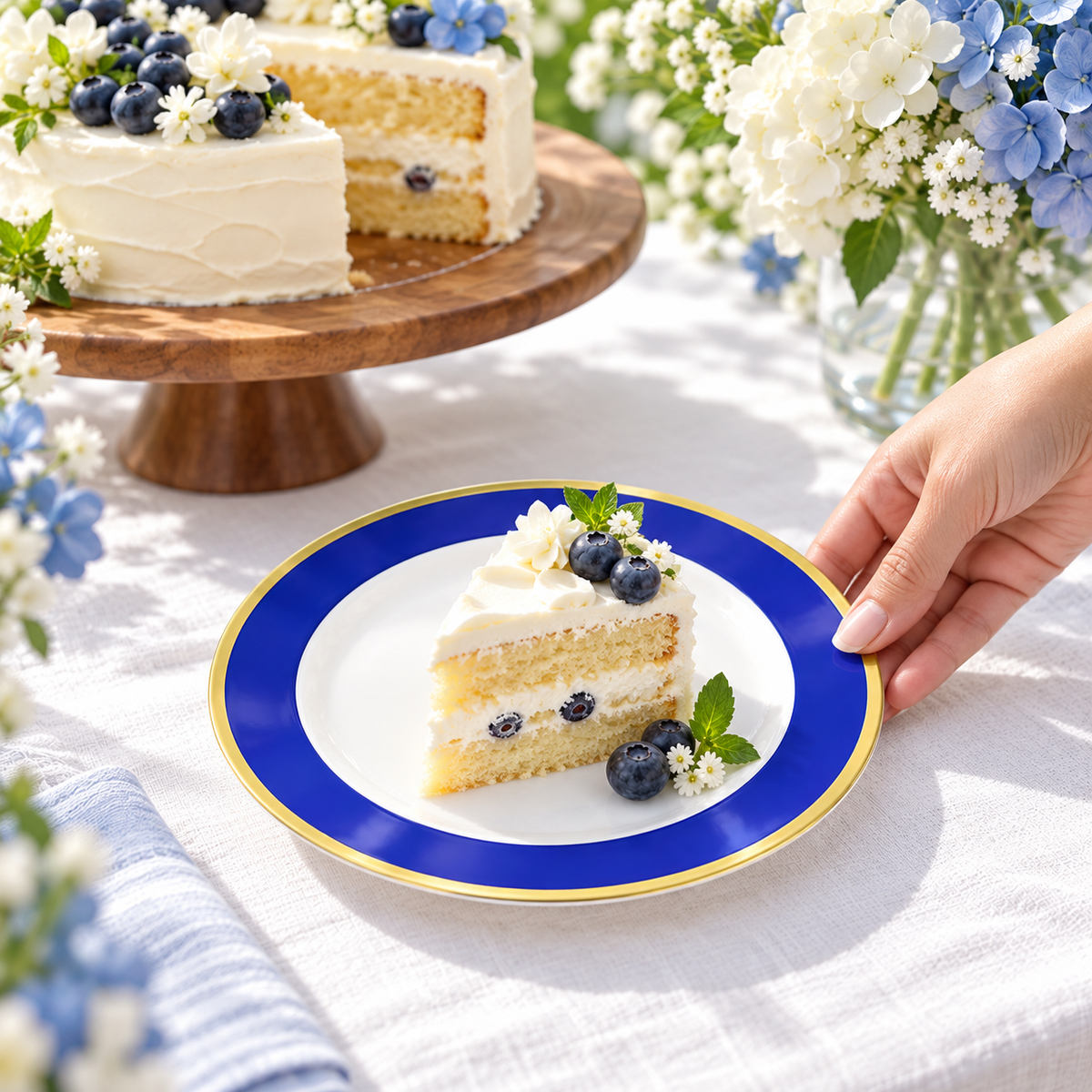A hand placing a small blue and gold plate with a slice of cake beside a cake stand and flowers. Representative arrangement; food and styling props not included.