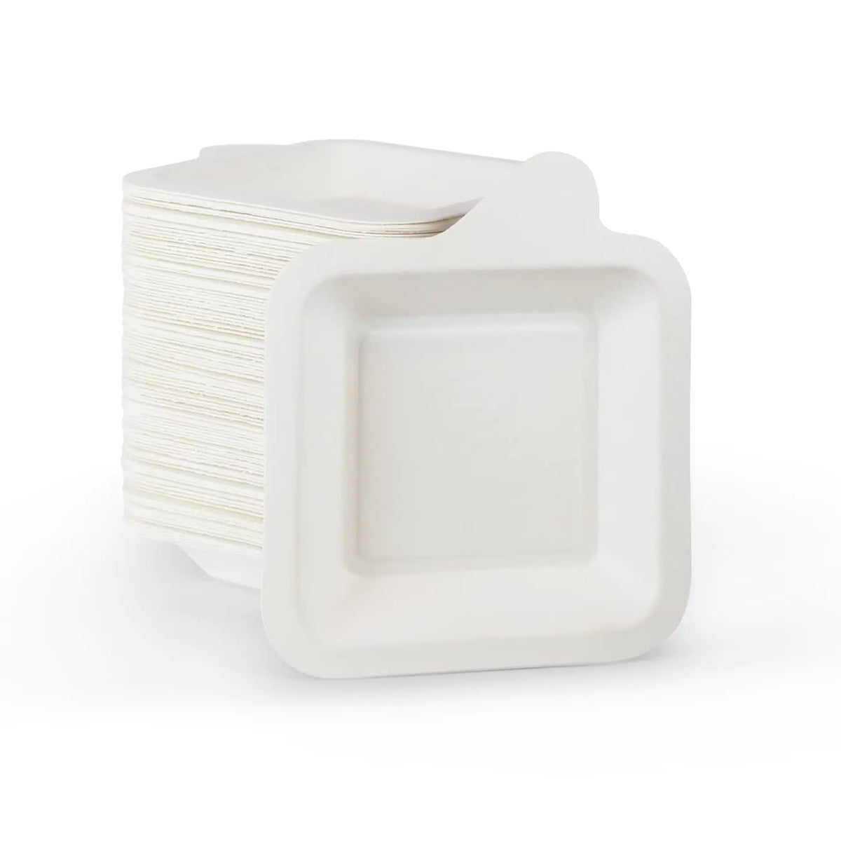 White mini paper plates with a rounded side tab, original product photograph on white.