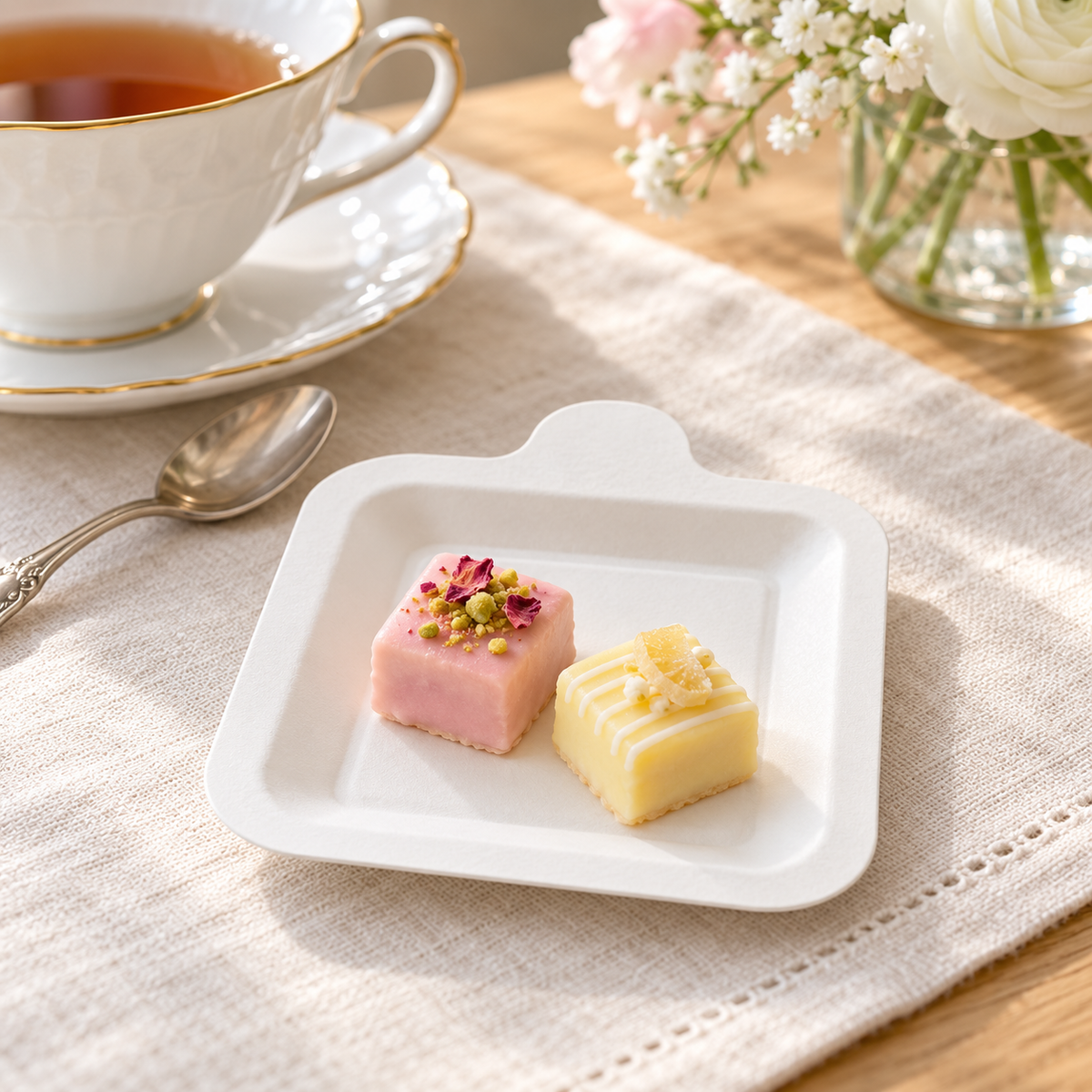 White mini paper plates with a rounded side tab, styled table scene. Food and styling props not included.