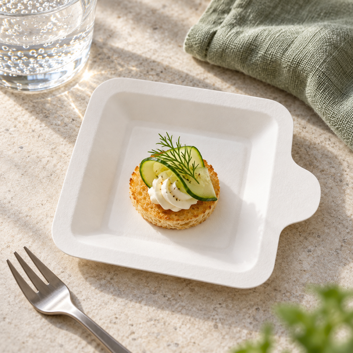 White mini paper plates with a rounded side tab, styled table scene. Food and styling props not included.