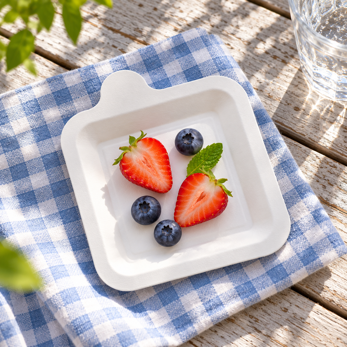 White mini paper plates with a rounded side tab, styled table scene. Food and styling props not included.