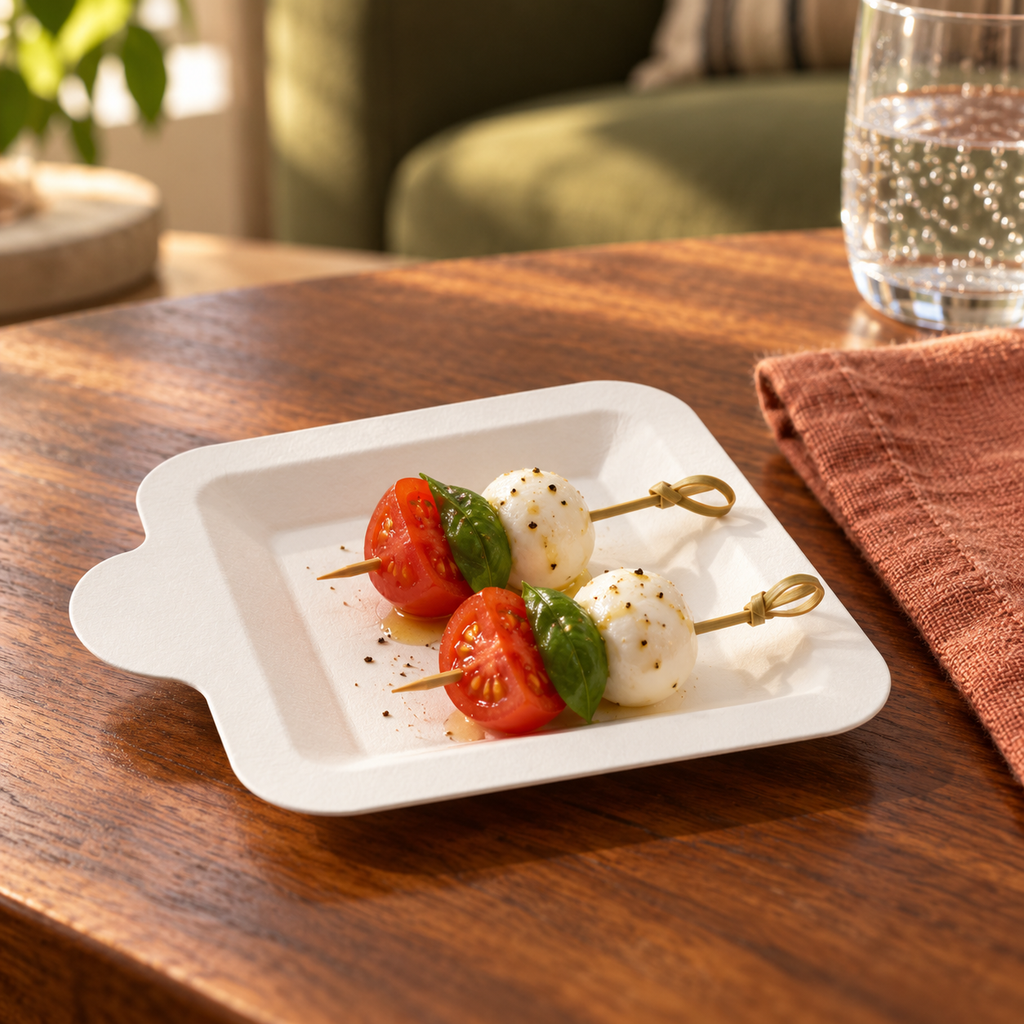 White mini paper plates with a rounded side tab, styled table scene. Food and styling props not included.