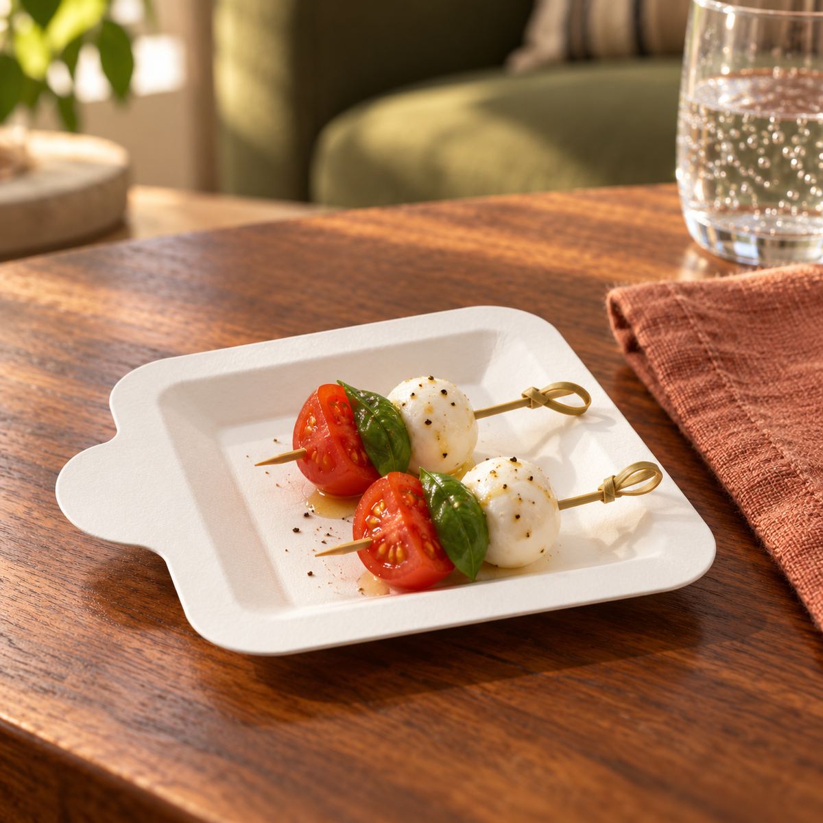 White mini paper plates with a rounded side tab, styled table scene. Food and styling props not included.