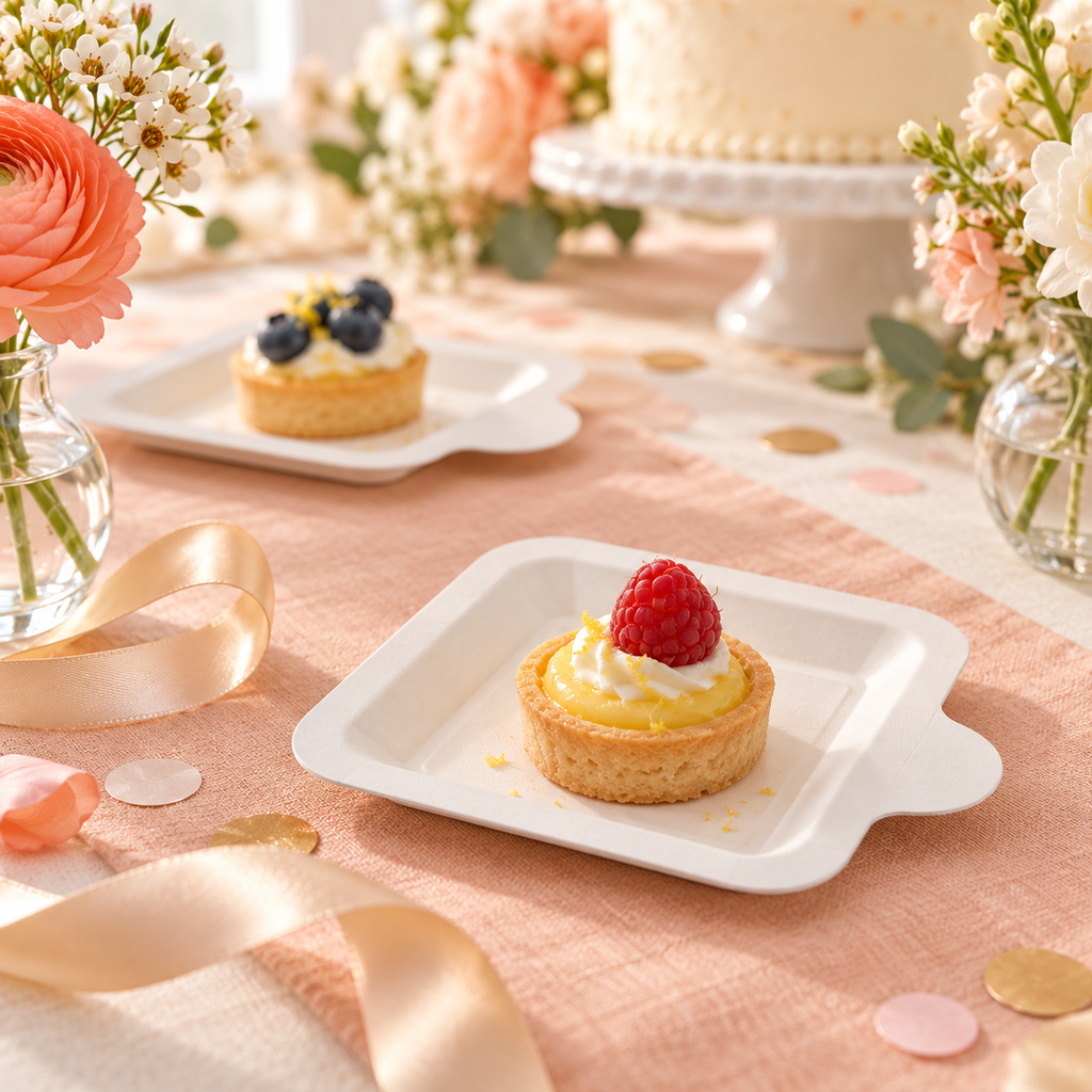 White mini paper plates with a rounded side tab, styled table scene. Food and styling props not included.