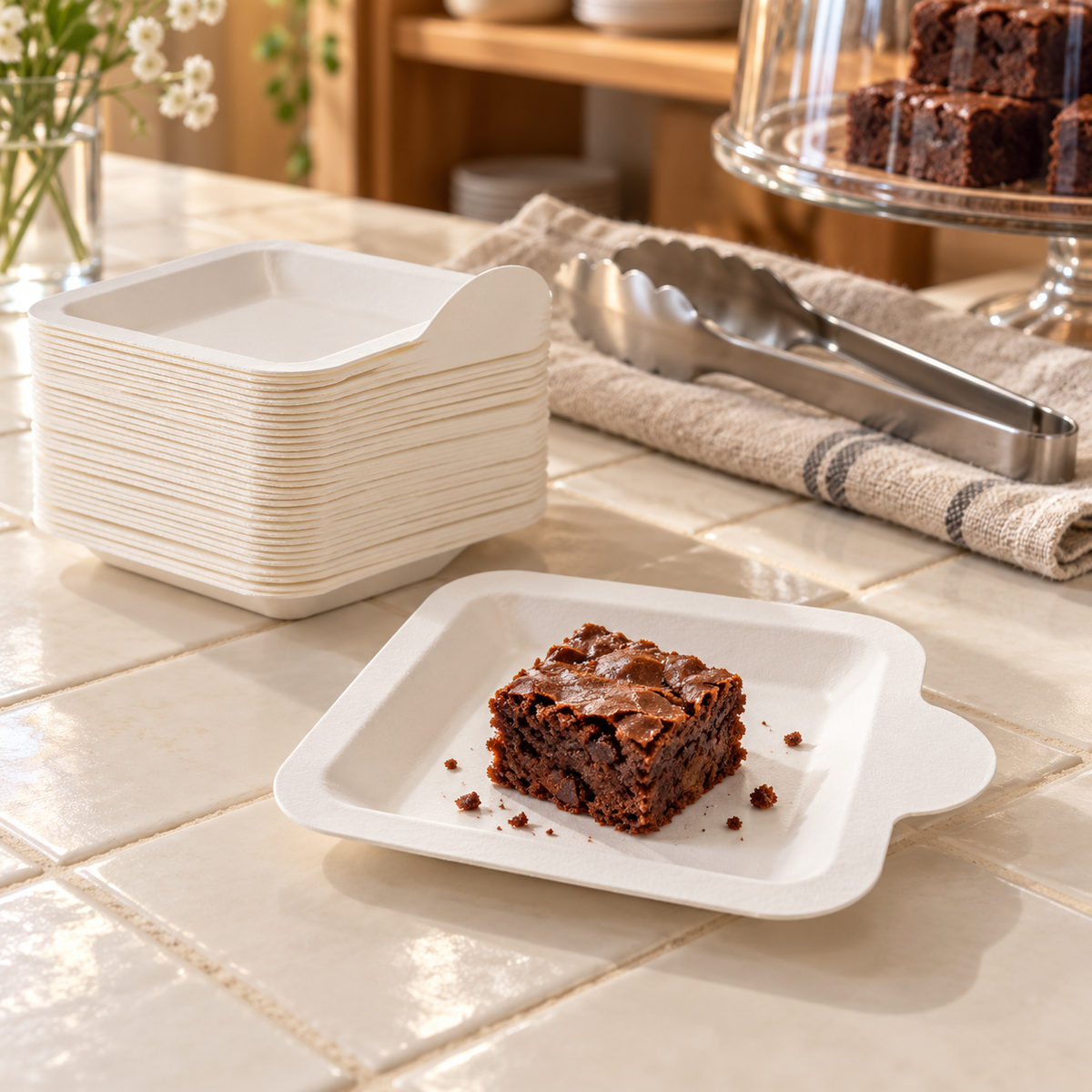 White mini paper plates with a rounded side tab, styled table scene. Food and styling props not included.
