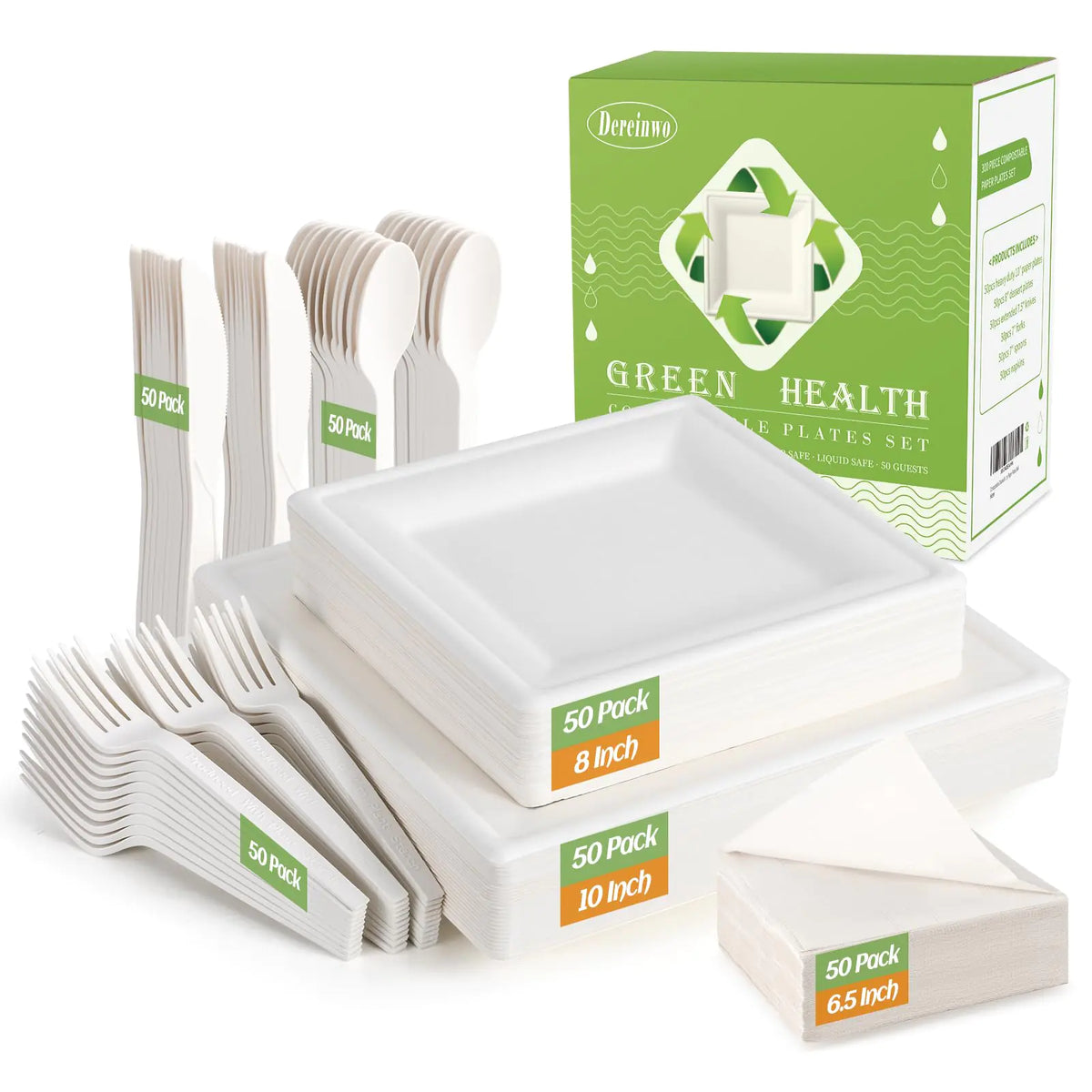 Authentic supplier image of the white square plate and cutlery kit with 10 inch and 8 inch plate stacks, white cutlery, napkins and green packaging.