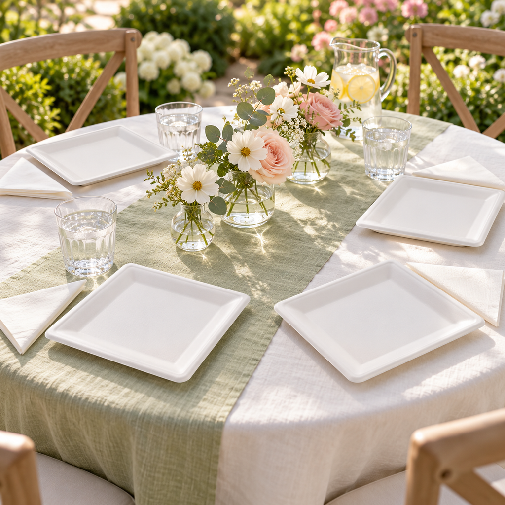 Four small white square plates arranged on an ivory linen garden table with a sage runner and pale flowers. Representative arrangement; food and styling props not included.