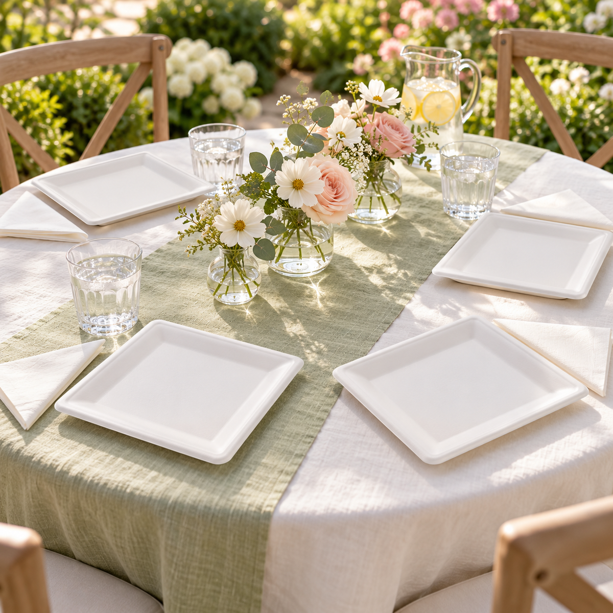Four small white square plates arranged on an ivory linen garden table with a sage runner and pale flowers. Representative arrangement; food and styling props not included.