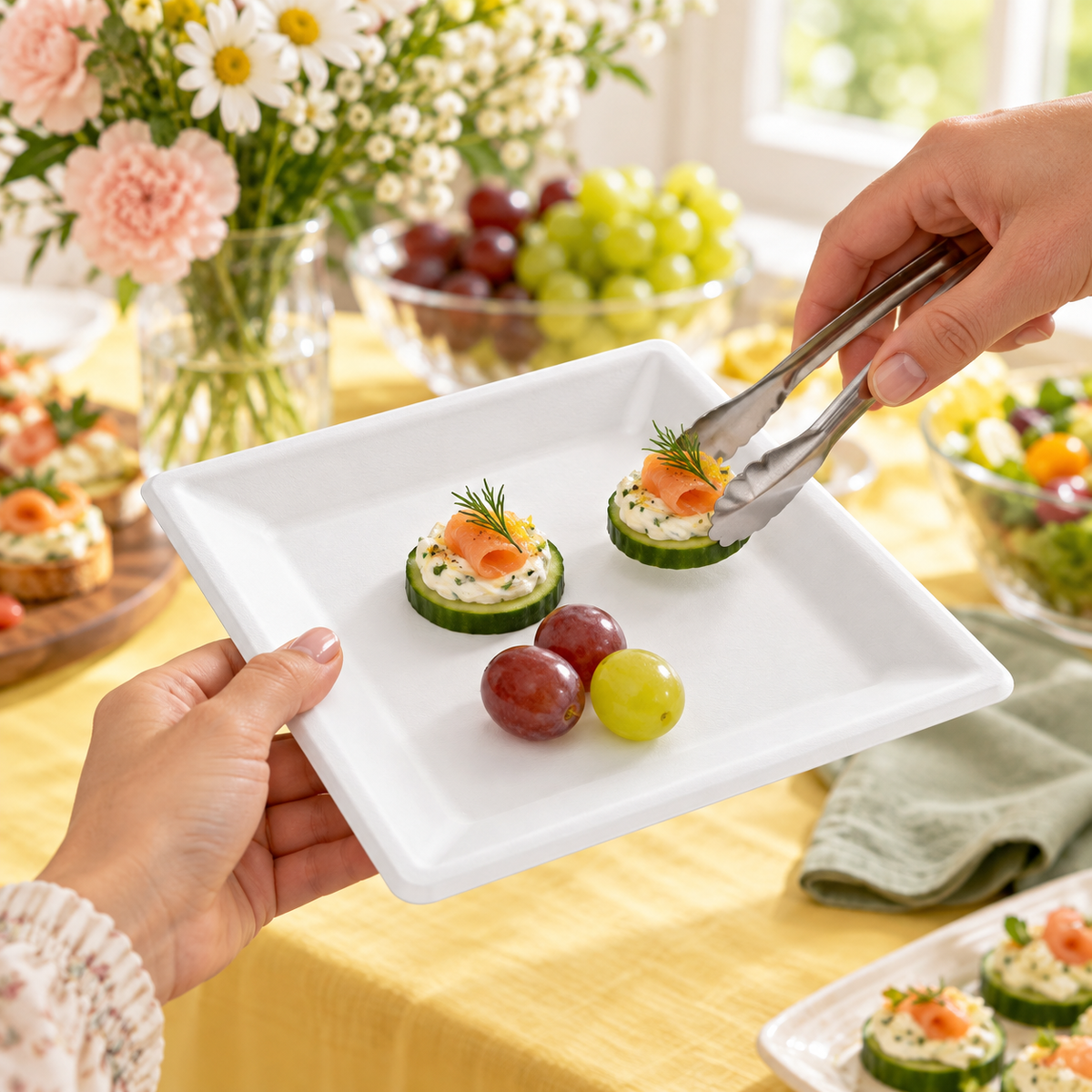 Hand held small white square plate with cucumber canapes and grapes as a serving tong places a bite on it. Representative arrangement; food and styling props not included.