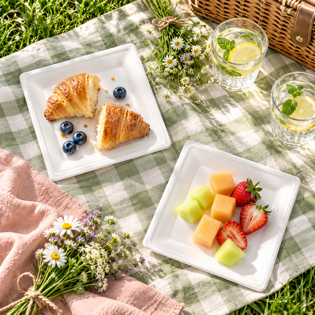 Two small white square plates with croissant and fruit on a sage checked picnic cloth. Representative arrangement; food and styling props not included.