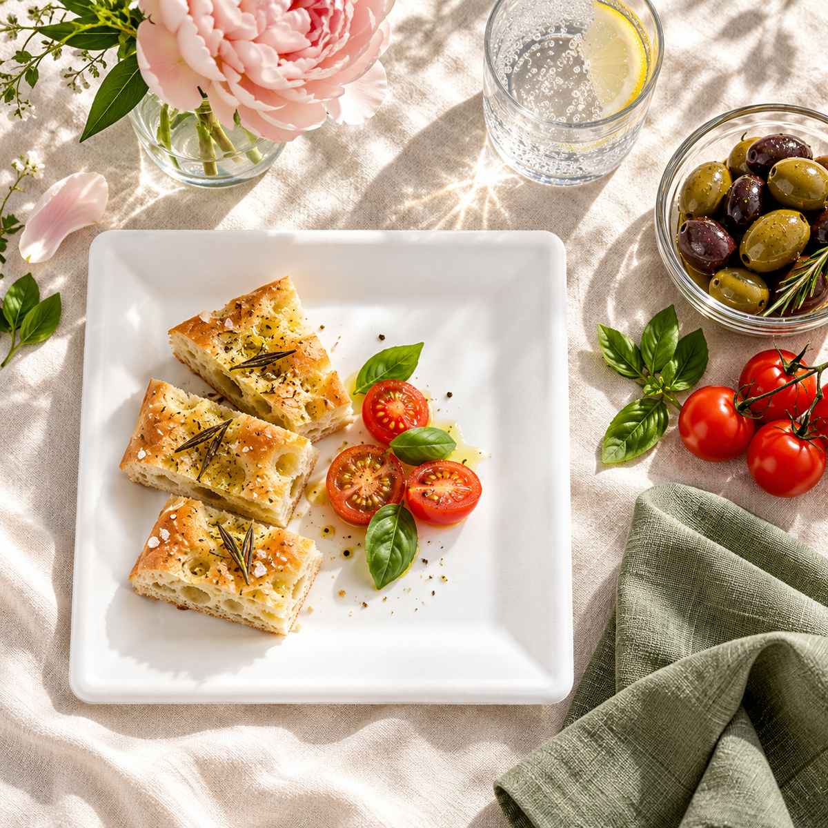 Small white square plate with focaccia, tomatoes and basil on ivory linen beside olives and a sage cloth. Representative arrangement; food and styling props not included.
