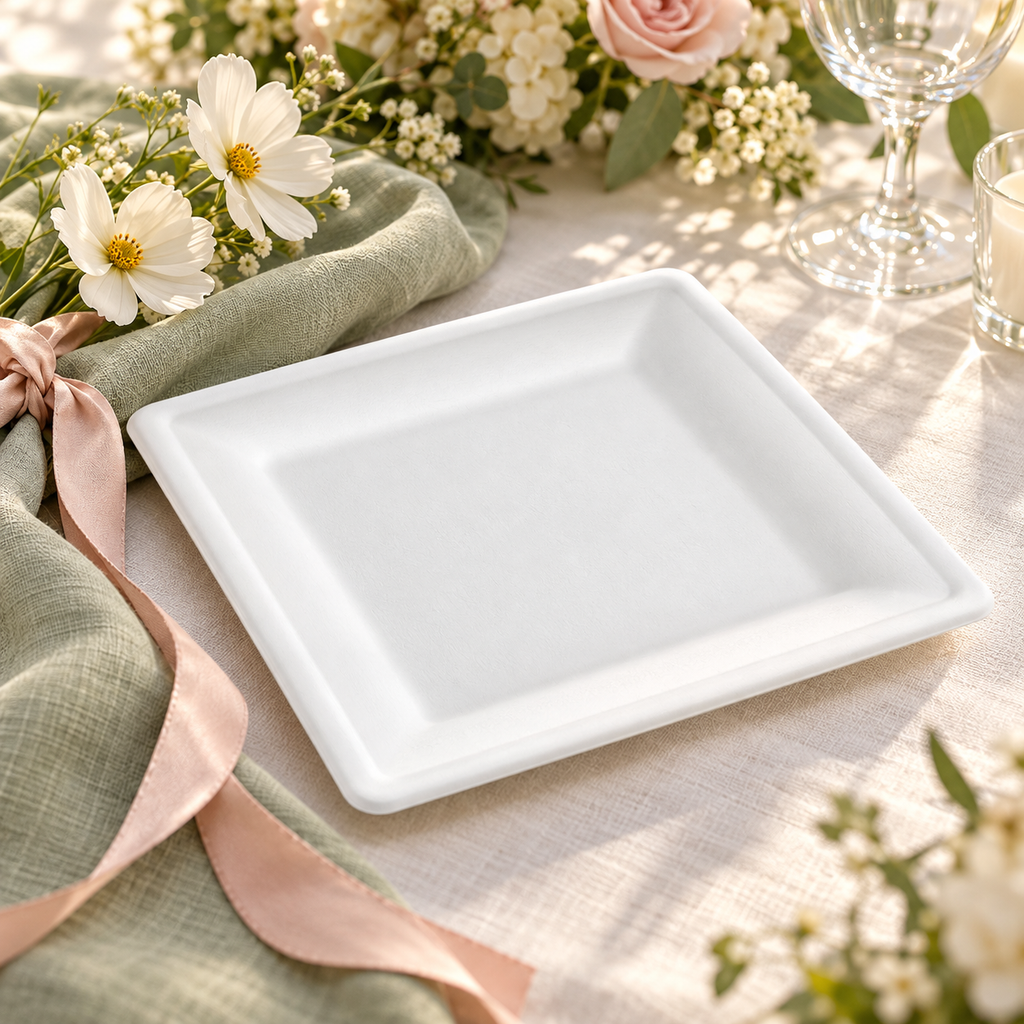 Empty small white square plate showing its matte surface and sloping rim in a linen and floral place setting. Representative arrangement; food and styling props not included.