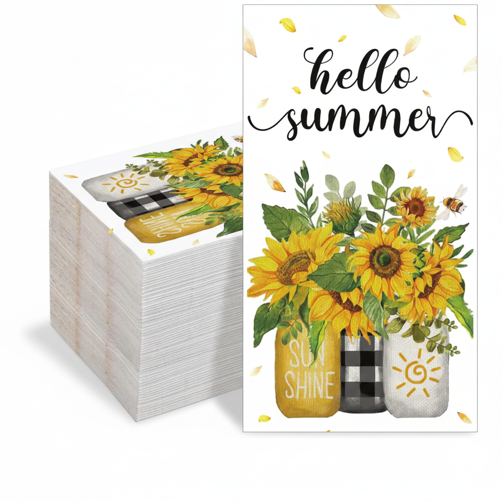 Soft sunflower hello summer paper guest napkins stacked on white background