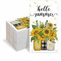 Soft sunflower hello summer paper guest napkins stacked on white background