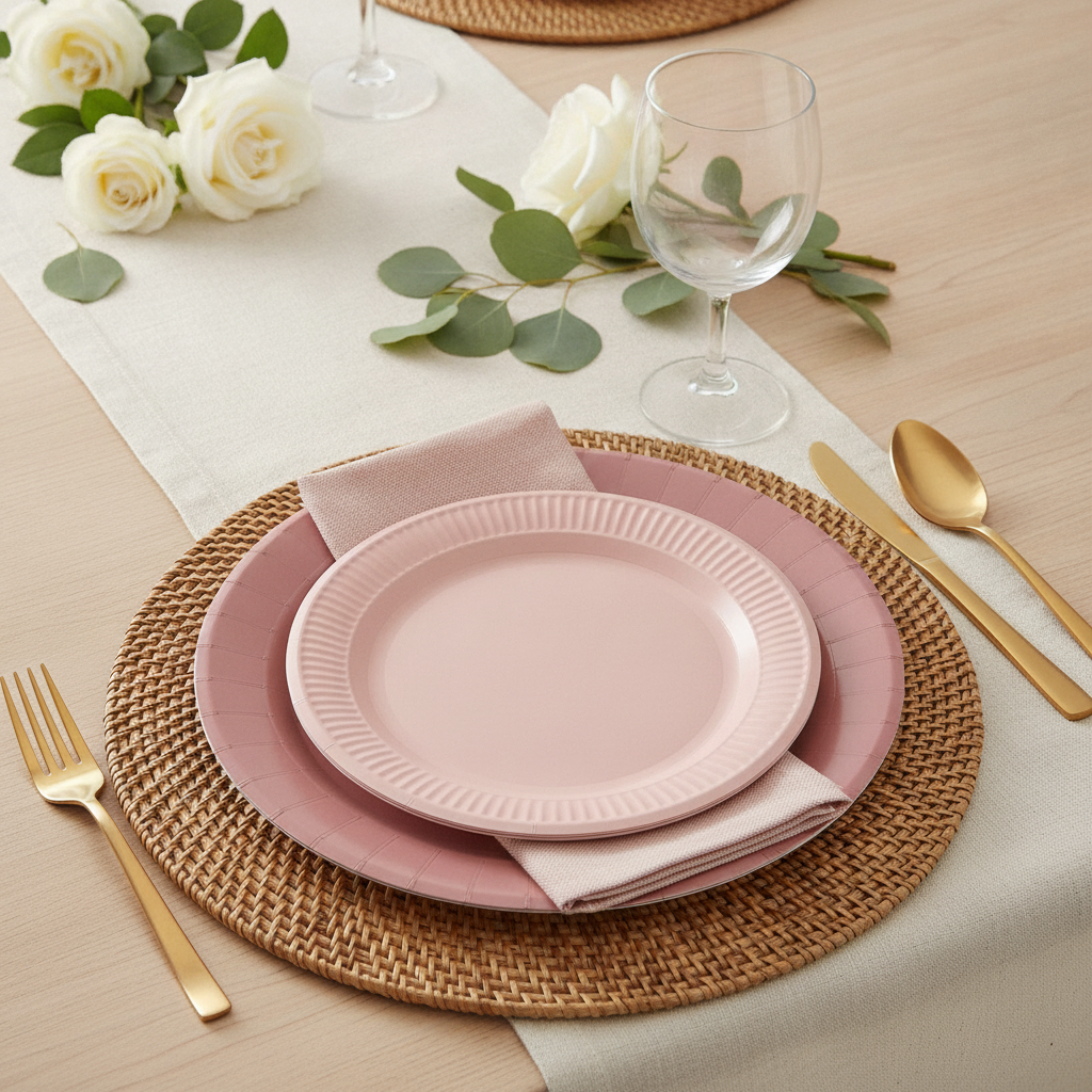 Dusty pink gradient disposable paper plates and napkins styled on a woven placemat with gold flatware and eucalyptus